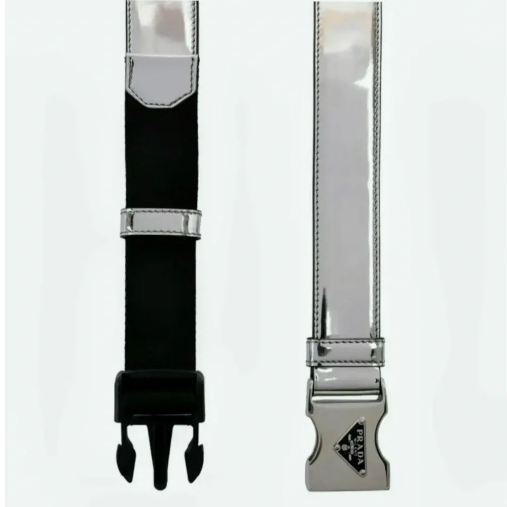 Prada Metallic Spazzolato Leather and Woven Tape Belt